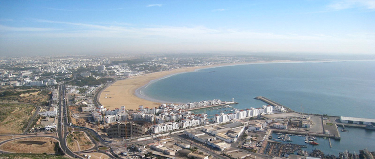 The wide, expansive beach of Agadir is a popular spot for sun worshippers