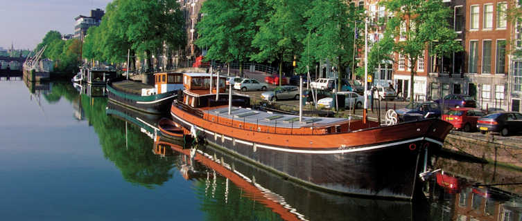 Boats moored in Amsterdam
